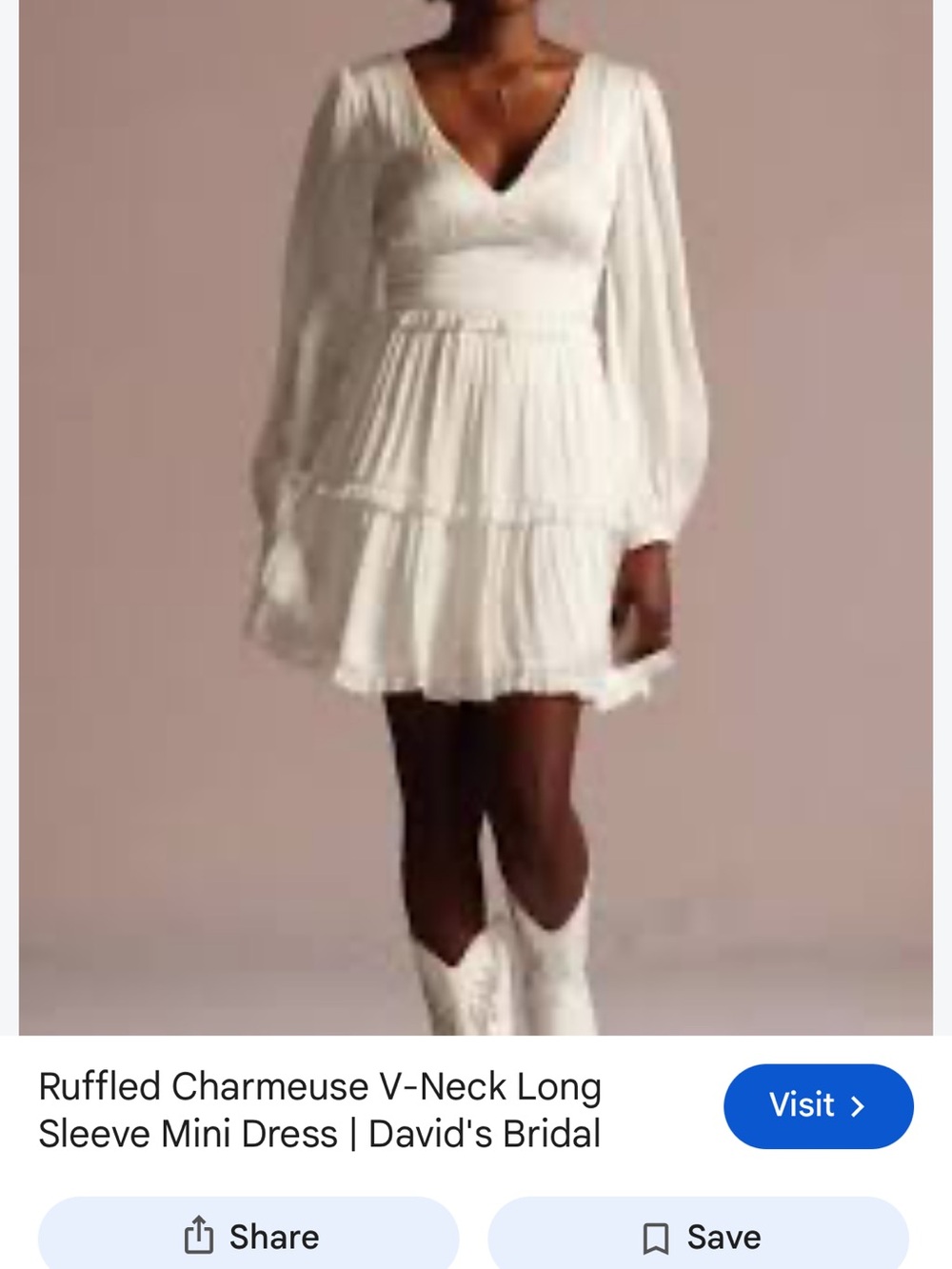 David's Bridal White Ruffled V-Neck Long Sleeve Mini Dress